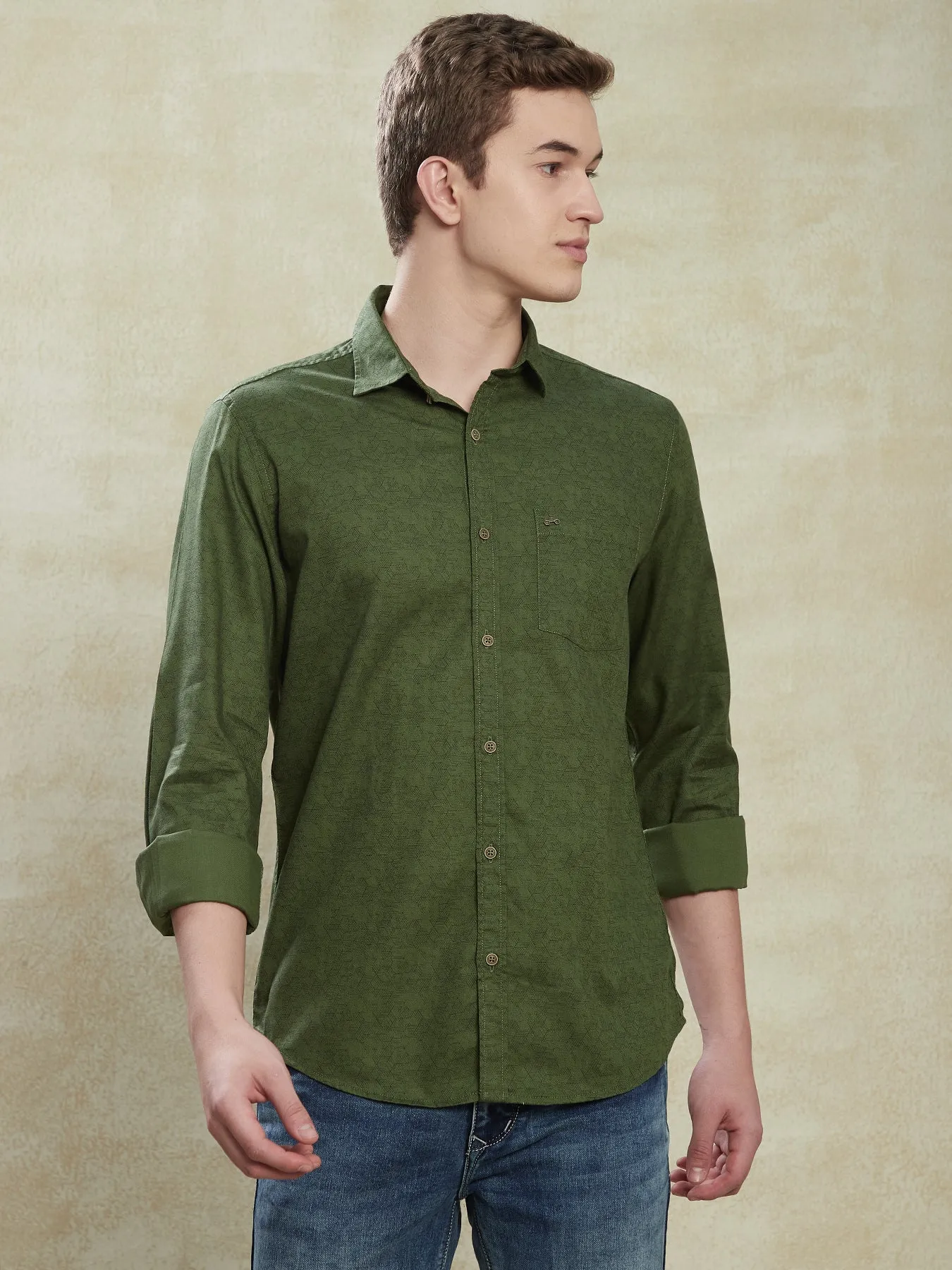 100% Cotton Olive Green Printed Slim Fit Full Sleeve Casual Shirt