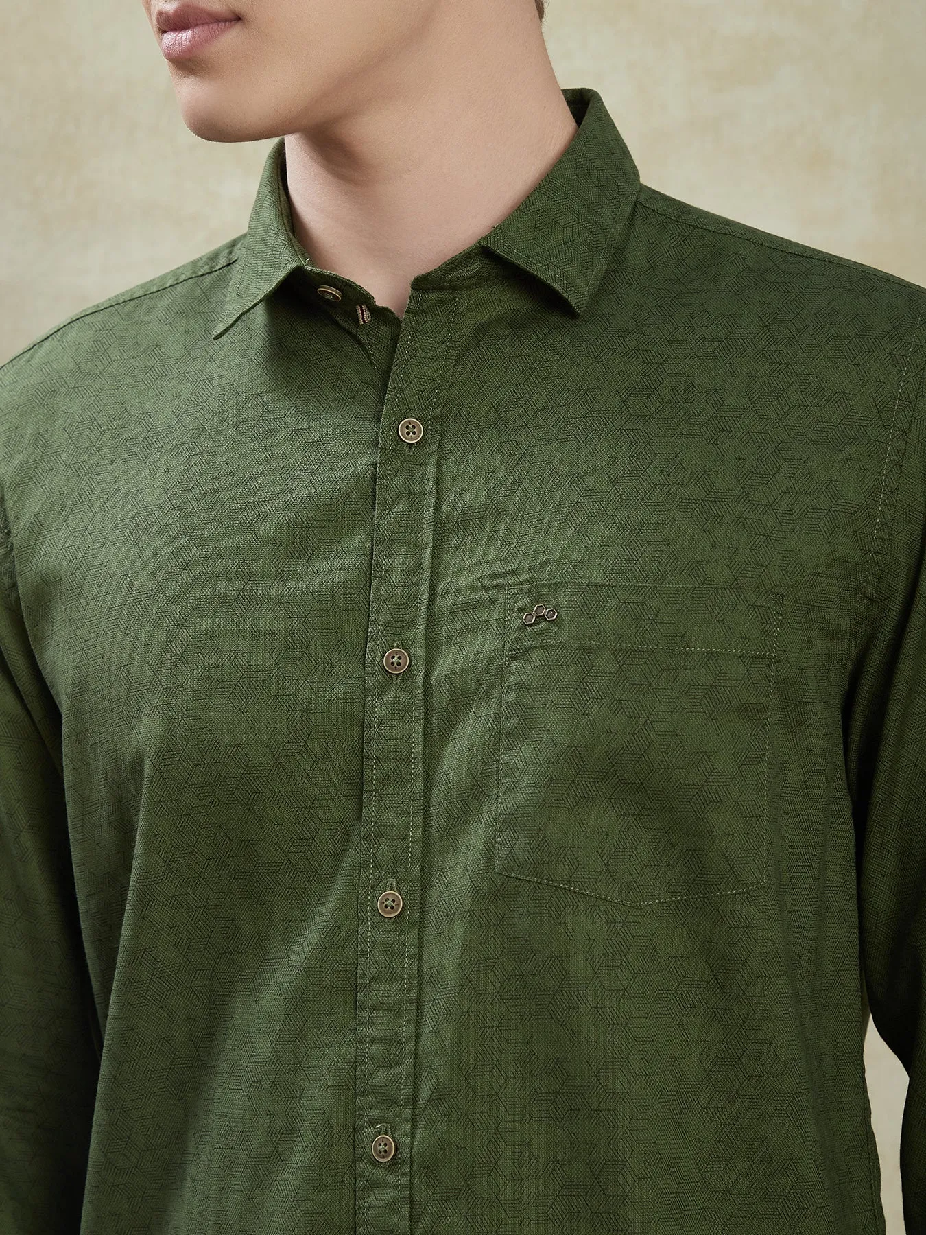 100% Cotton Olive Green Printed Slim Fit Full Sleeve Casual Shirt