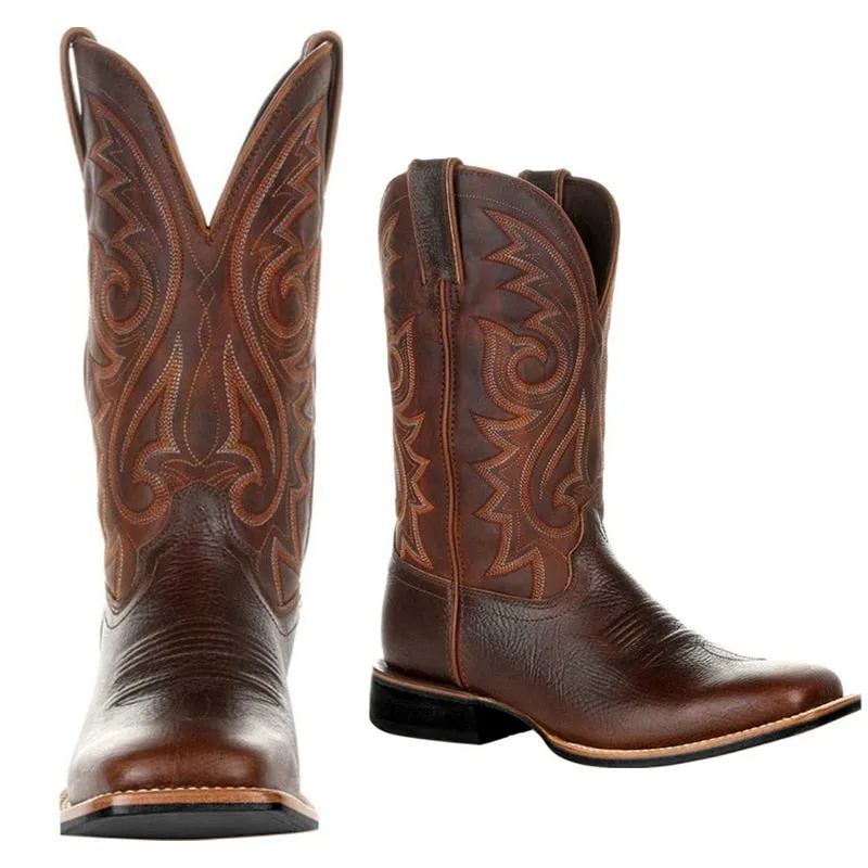 Amozae  Fashion Men Boots Tall Embroidered Vintage Boots Mens Shoes Couple Western Cowboy Boots Rider Booties Botas Hombre Botines