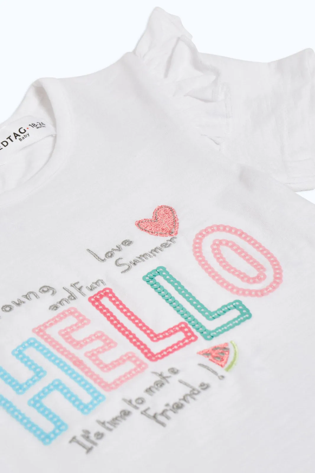 Baby Girls White Printed T-Shirt With Frills On Shoulder