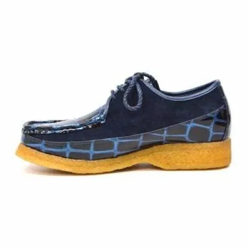British Walkers Crown Croc Men's Navy Blue Crocodile Leather and Suede Lace Up Crepe Soles