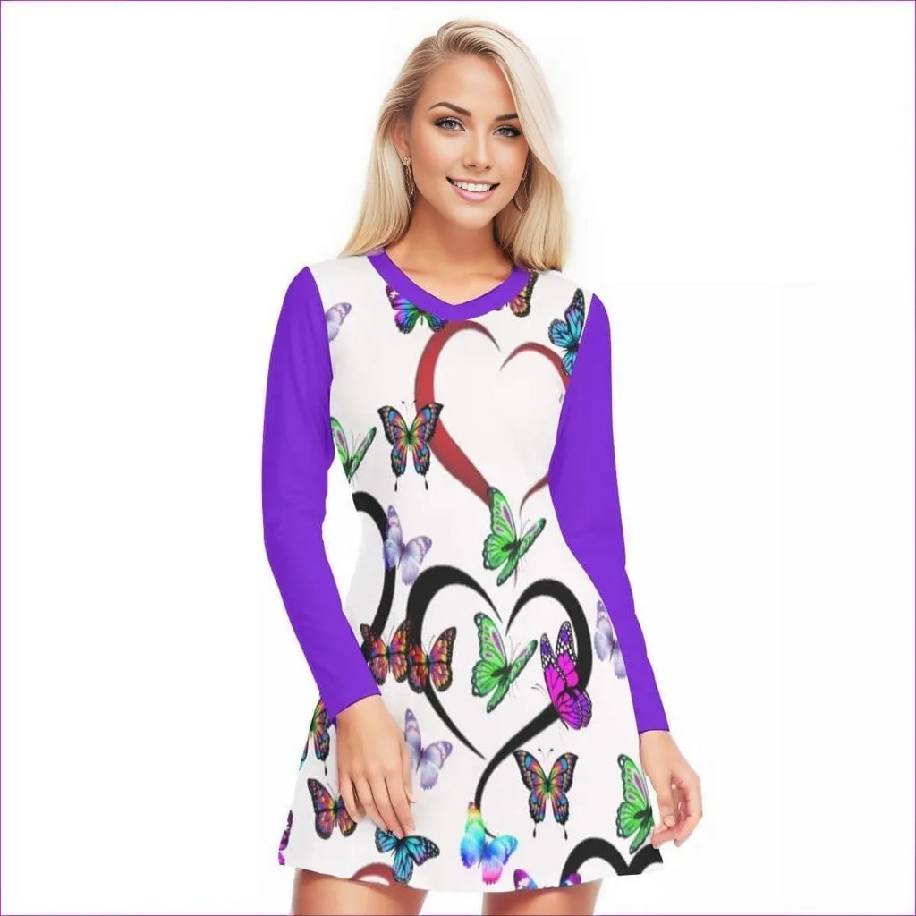 Butterfly Love Womens V-neck Long Sleeve Dress