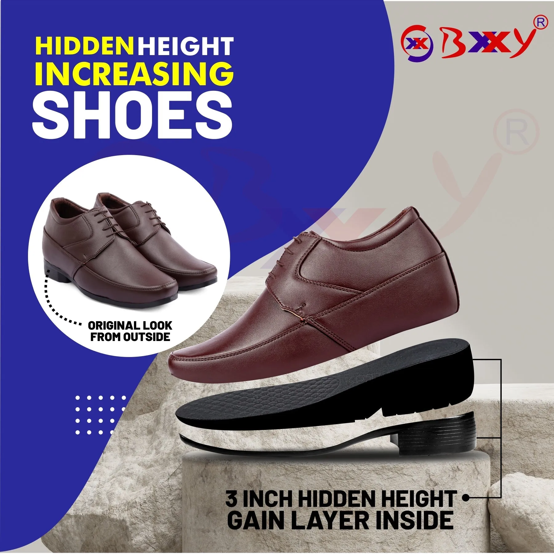 BXXY Men's 9 cm (3 Inch) Hidden Height Increasing Formal Shoes