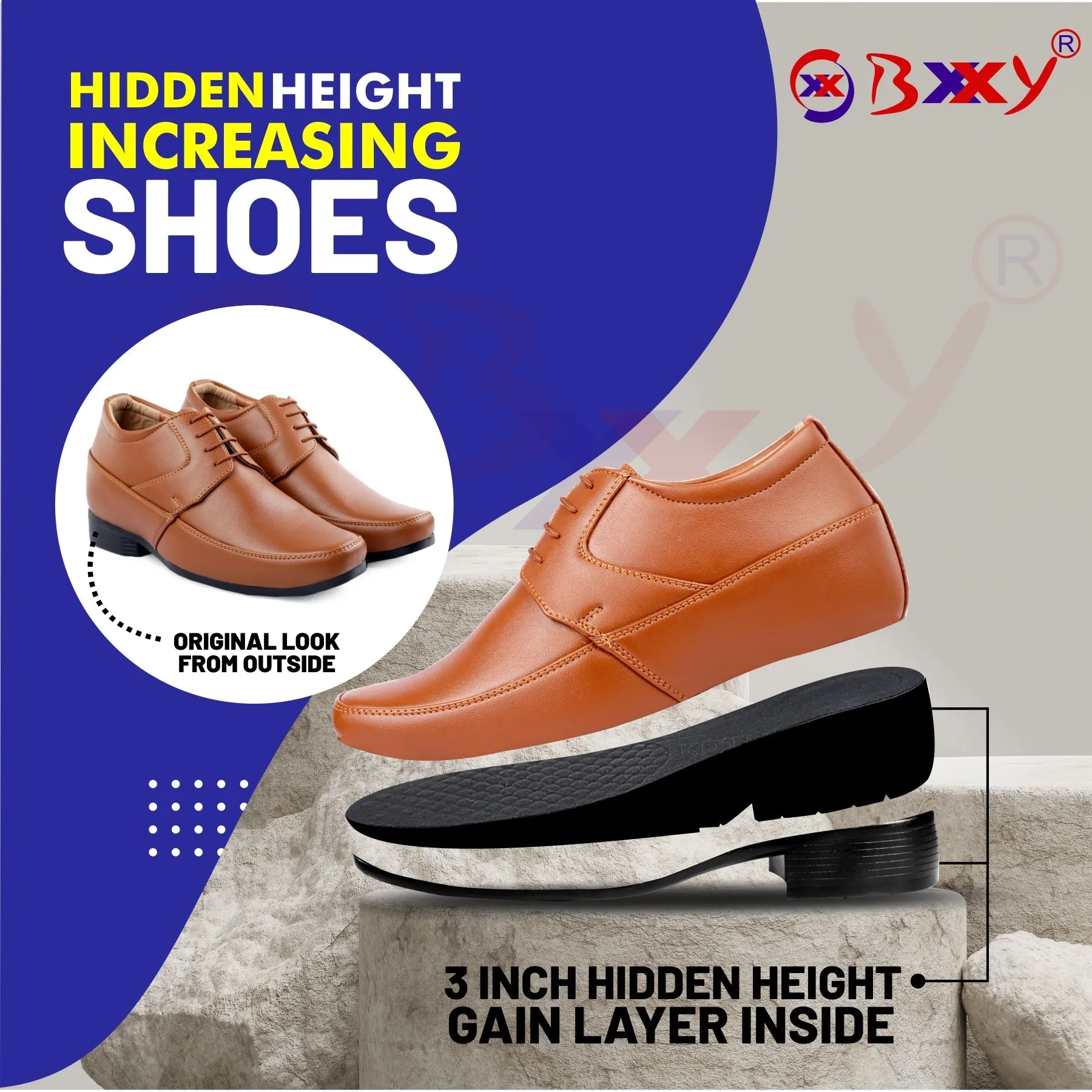 BXXY Men's 9 cm (3 Inch) Hidden Height Increasing Formal Shoes