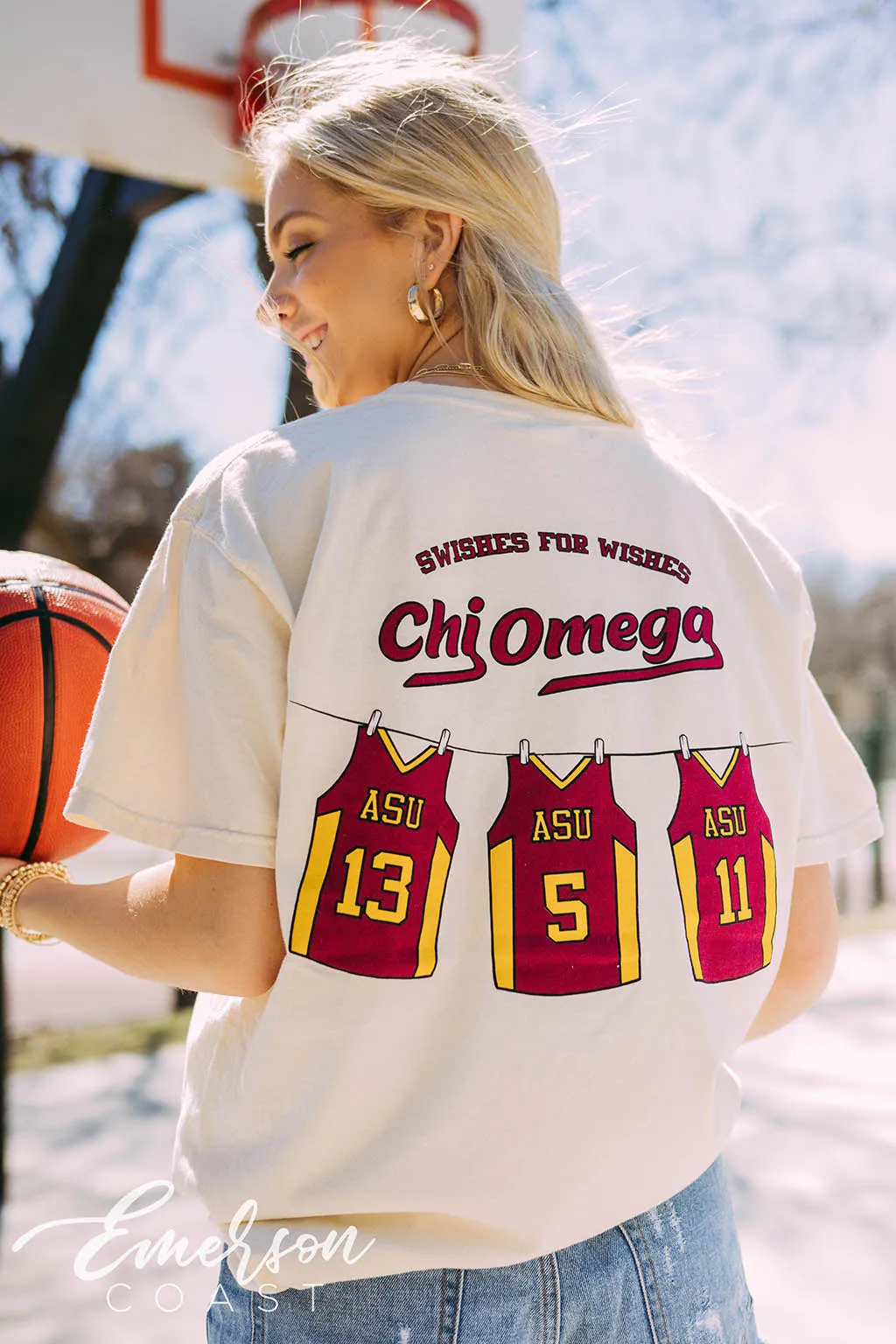 Chi Omega Swishes for Wishes Basketball Jersey Tee
