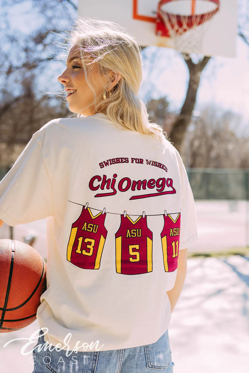 Chi Omega Swishes for Wishes Basketball Jersey Tee
