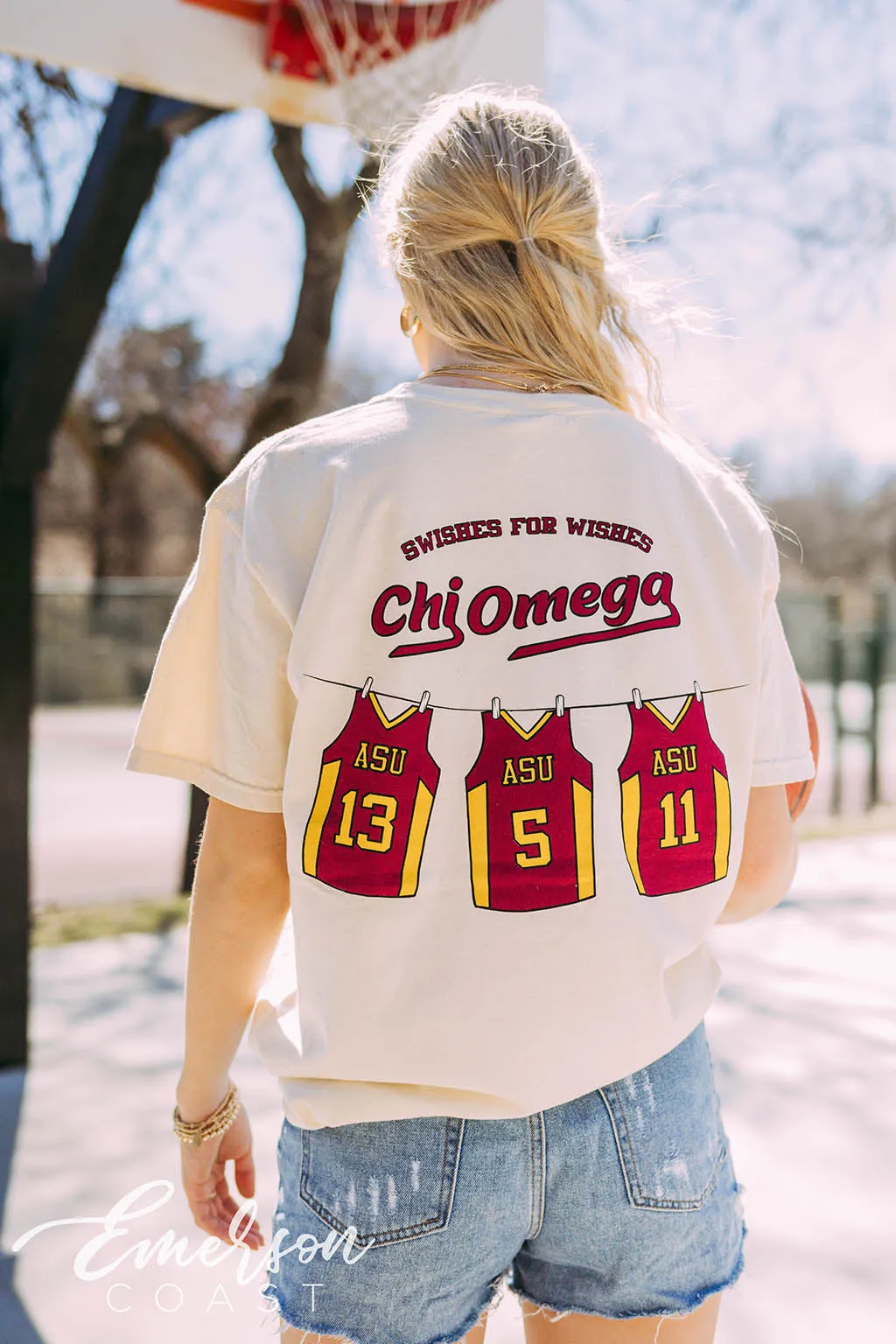 Chi Omega Swishes for Wishes Basketball Jersey Tee