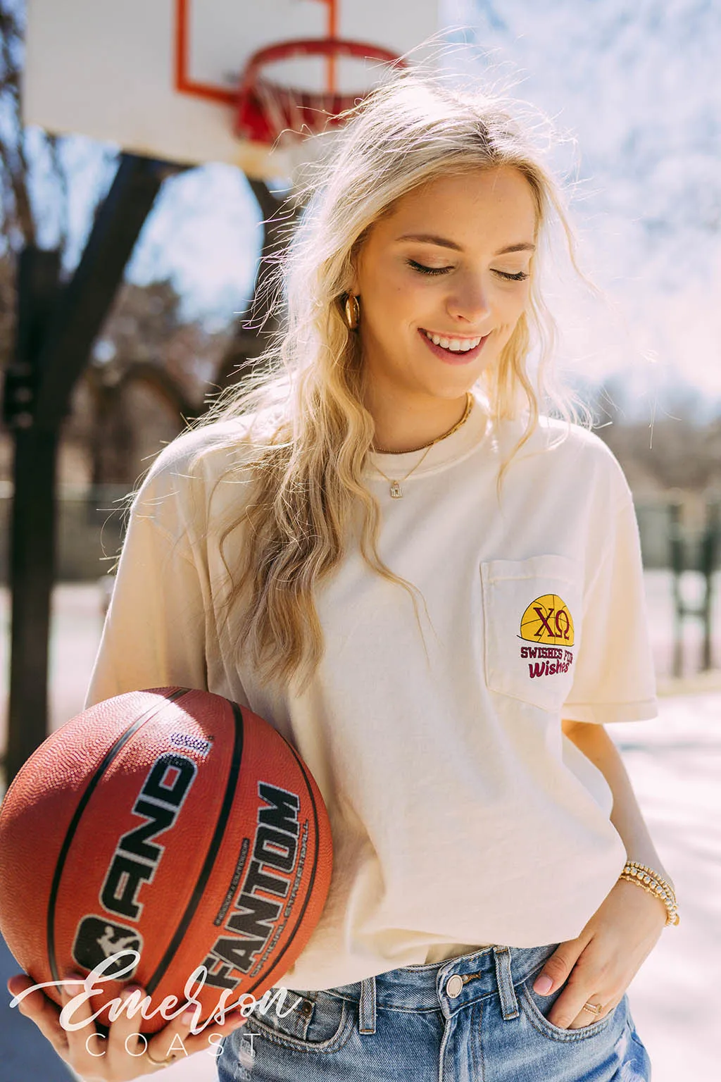 Chi Omega Swishes for Wishes Basketball Jersey Tee