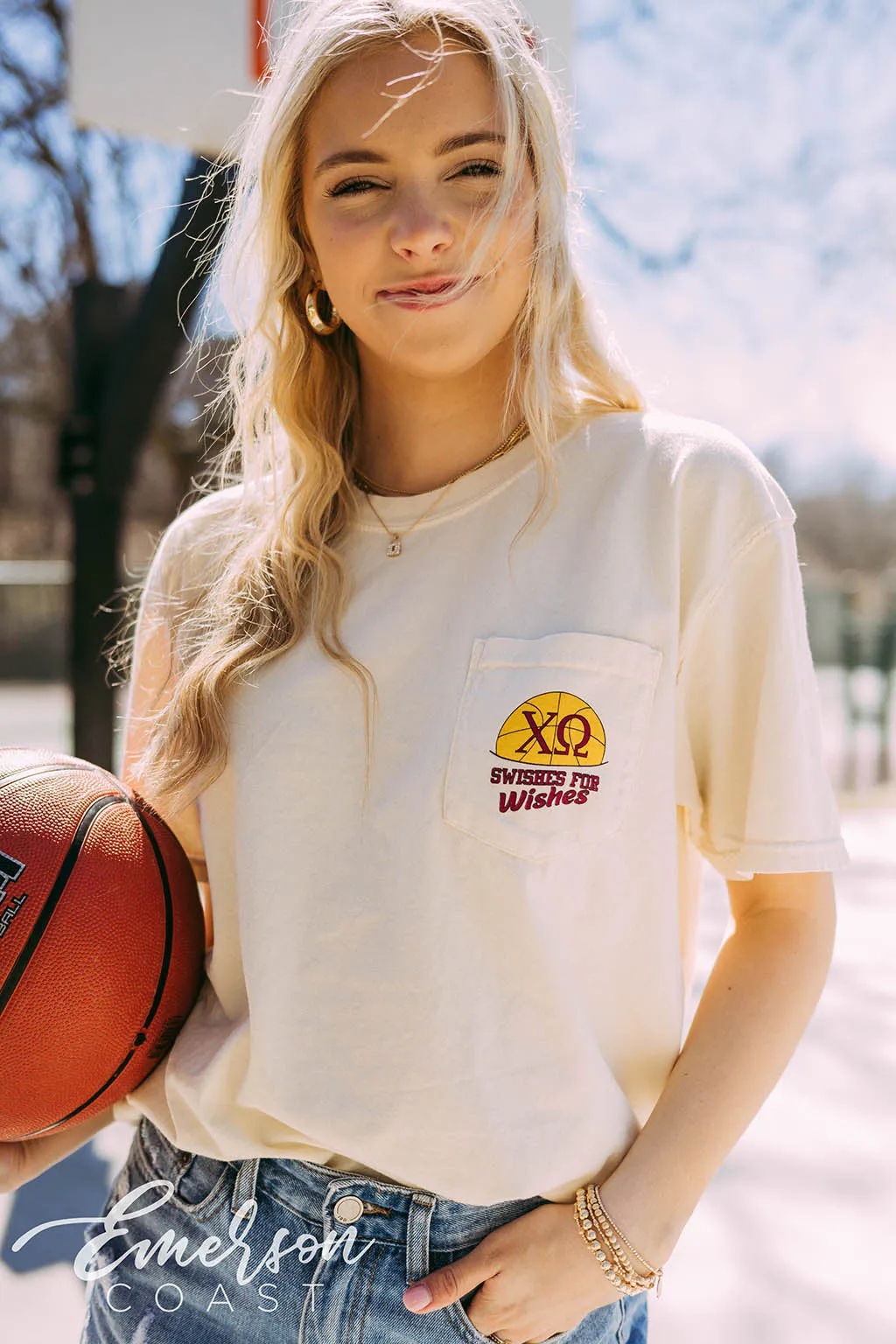 Chi Omega Swishes for Wishes Basketball Jersey Tee