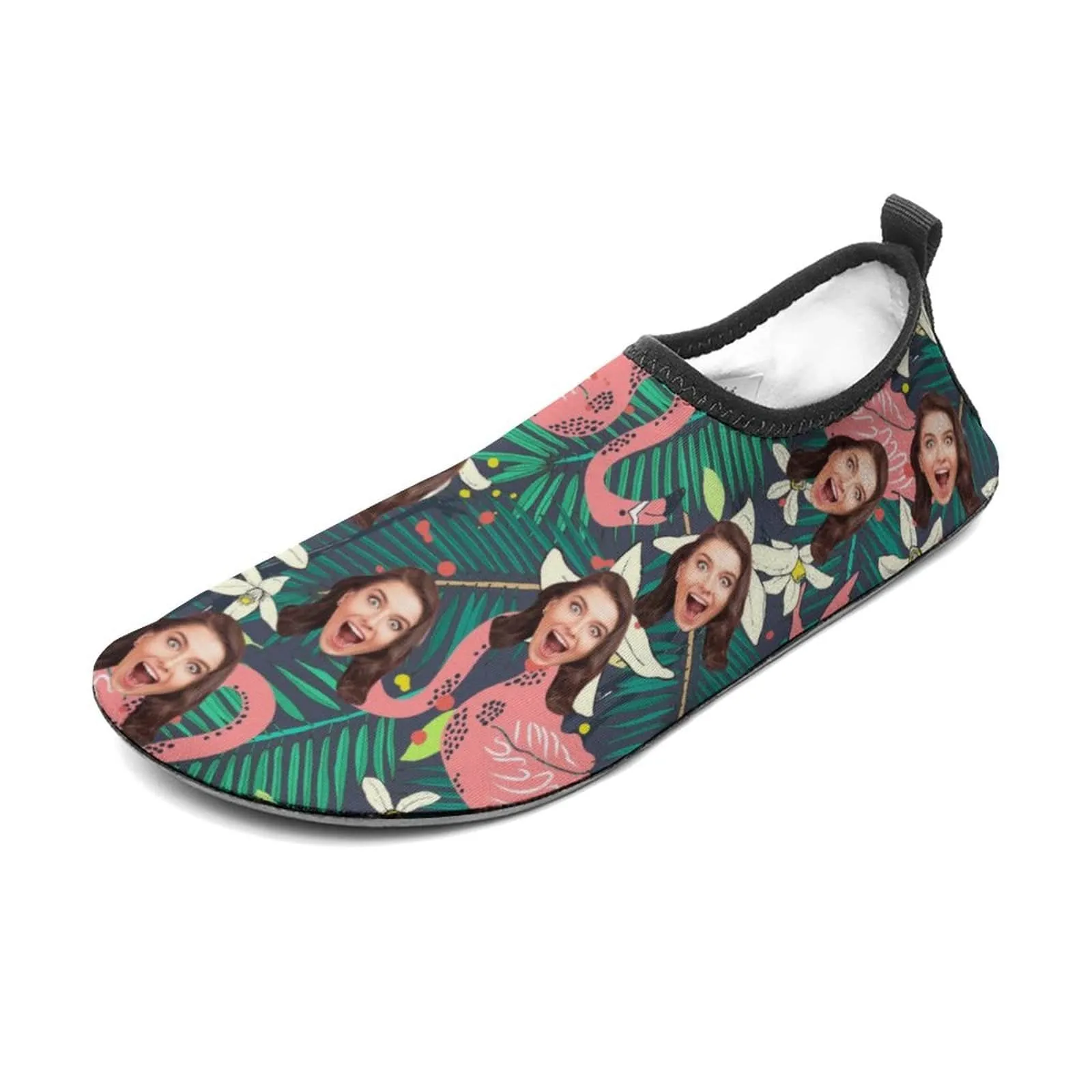Custom Face Flamingo Green Leaf Diving Slip-on for sport Quick-Dry Shoes Beach Swimming Shoes Aqua Shoes Barefoot Shoes Outdoor Water Shoes