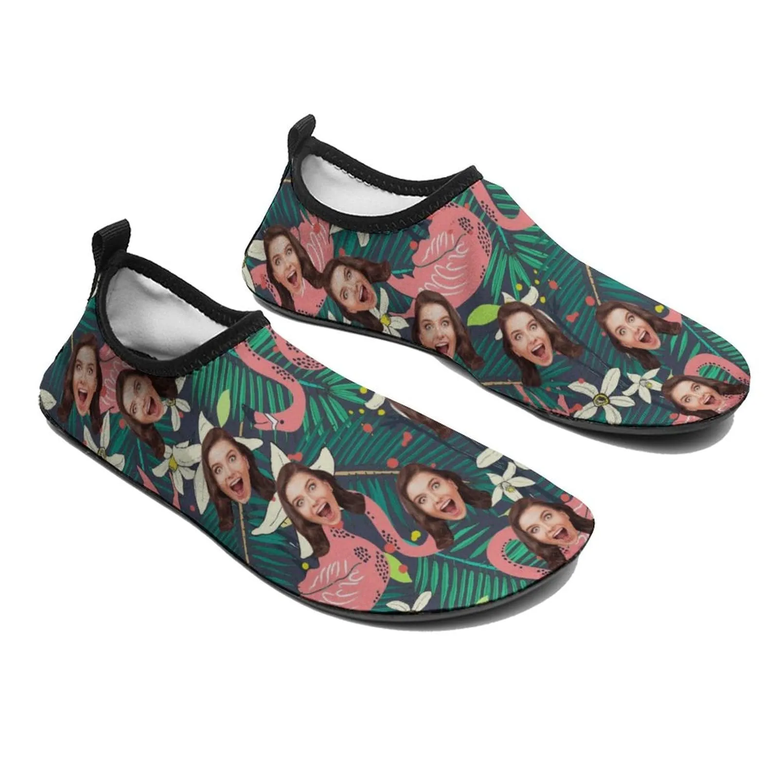 Custom Face Flamingo Green Leaf Diving Slip-on for sport Quick-Dry Shoes Beach Swimming Shoes Aqua Shoes Barefoot Shoes Outdoor Water Shoes