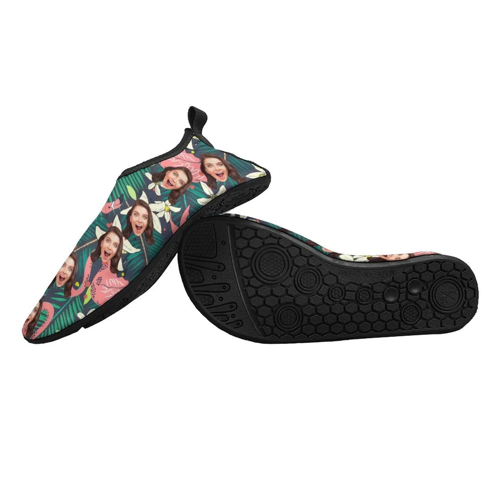 Custom Face Flamingo Green Leaf Diving Slip-on for sport Quick-Dry Shoes Beach Swimming Shoes Aqua Shoes Barefoot Shoes Outdoor Water Shoes