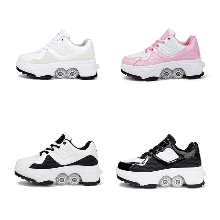 Deformable Four-wheel Retractable Double-row Dual-purpose Roller Skates, Size: 36(DF09 White Black)