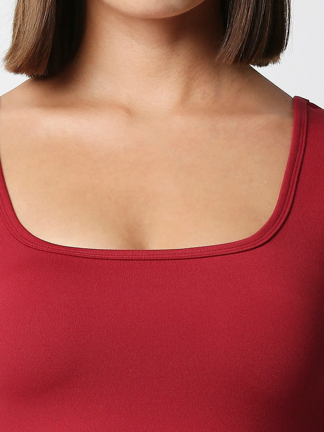 Disrupt Women Maroon Box Neck Slim Fit Smart Crop Top
