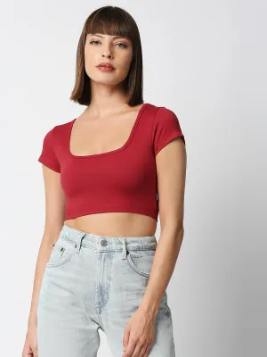 Disrupt Women Maroon Box Neck Slim Fit Smart Crop Top