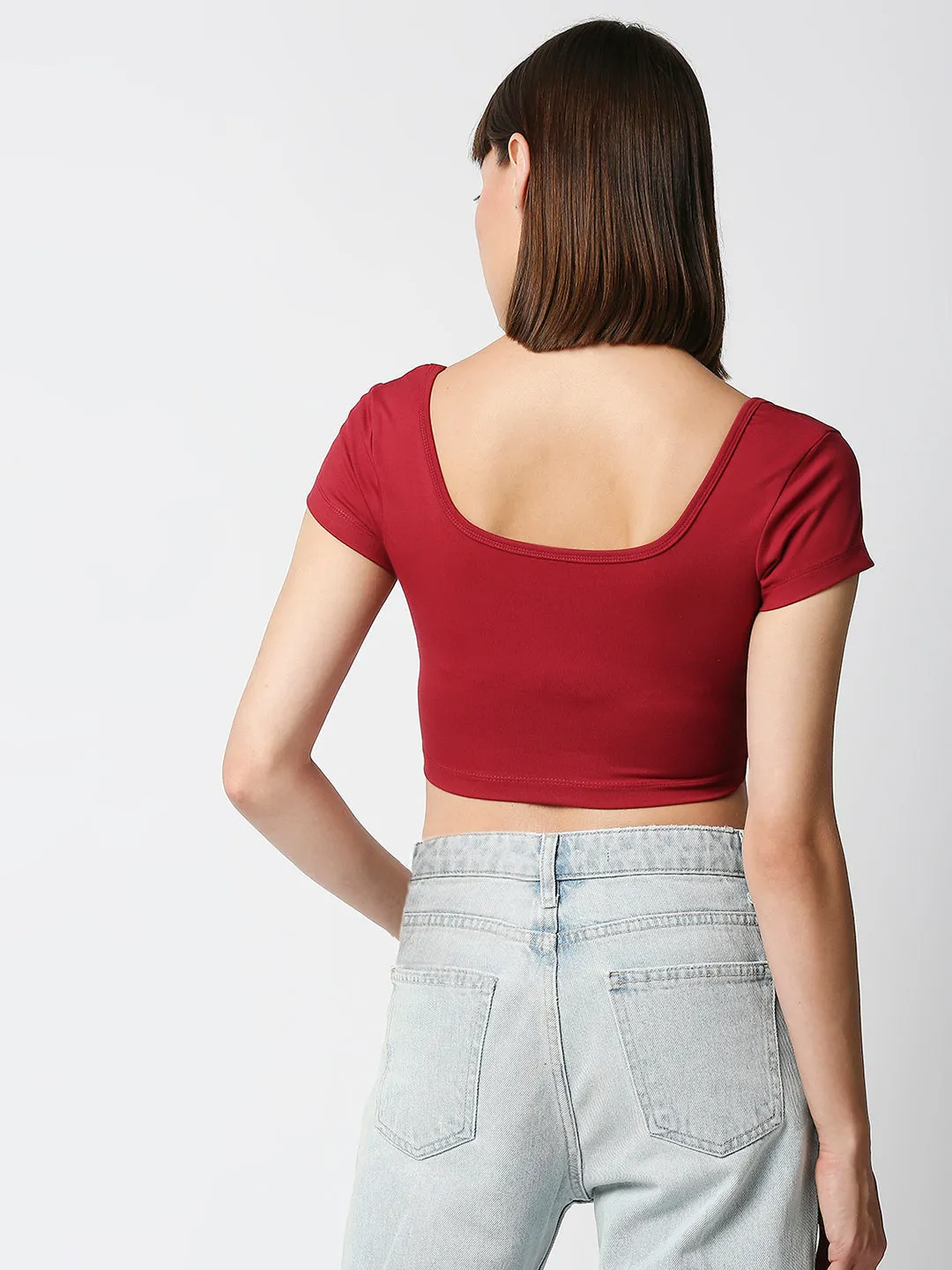 Disrupt Women Maroon Box Neck Slim Fit Smart Crop Top