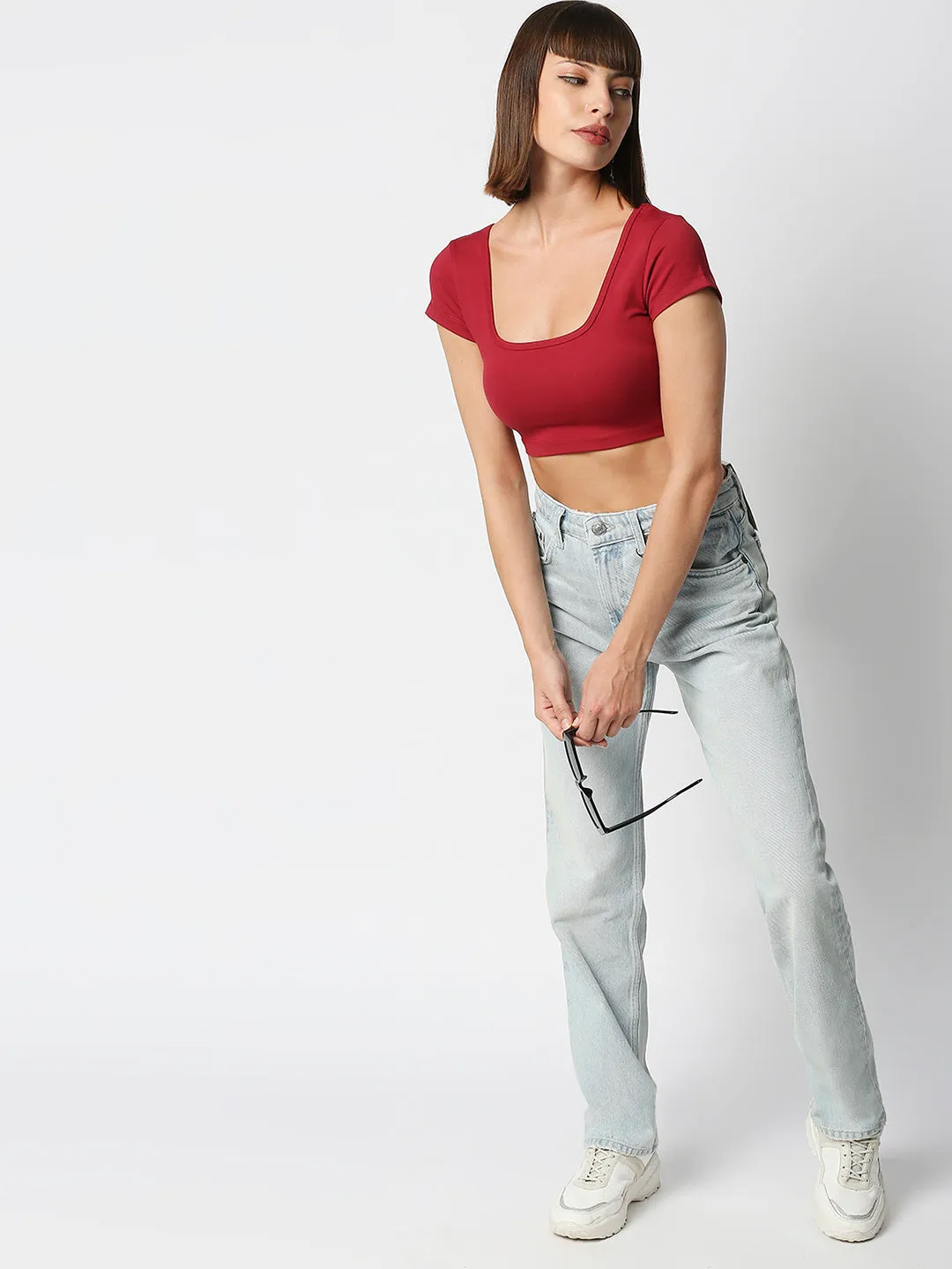 Disrupt Women Maroon Box Neck Slim Fit Smart Crop Top