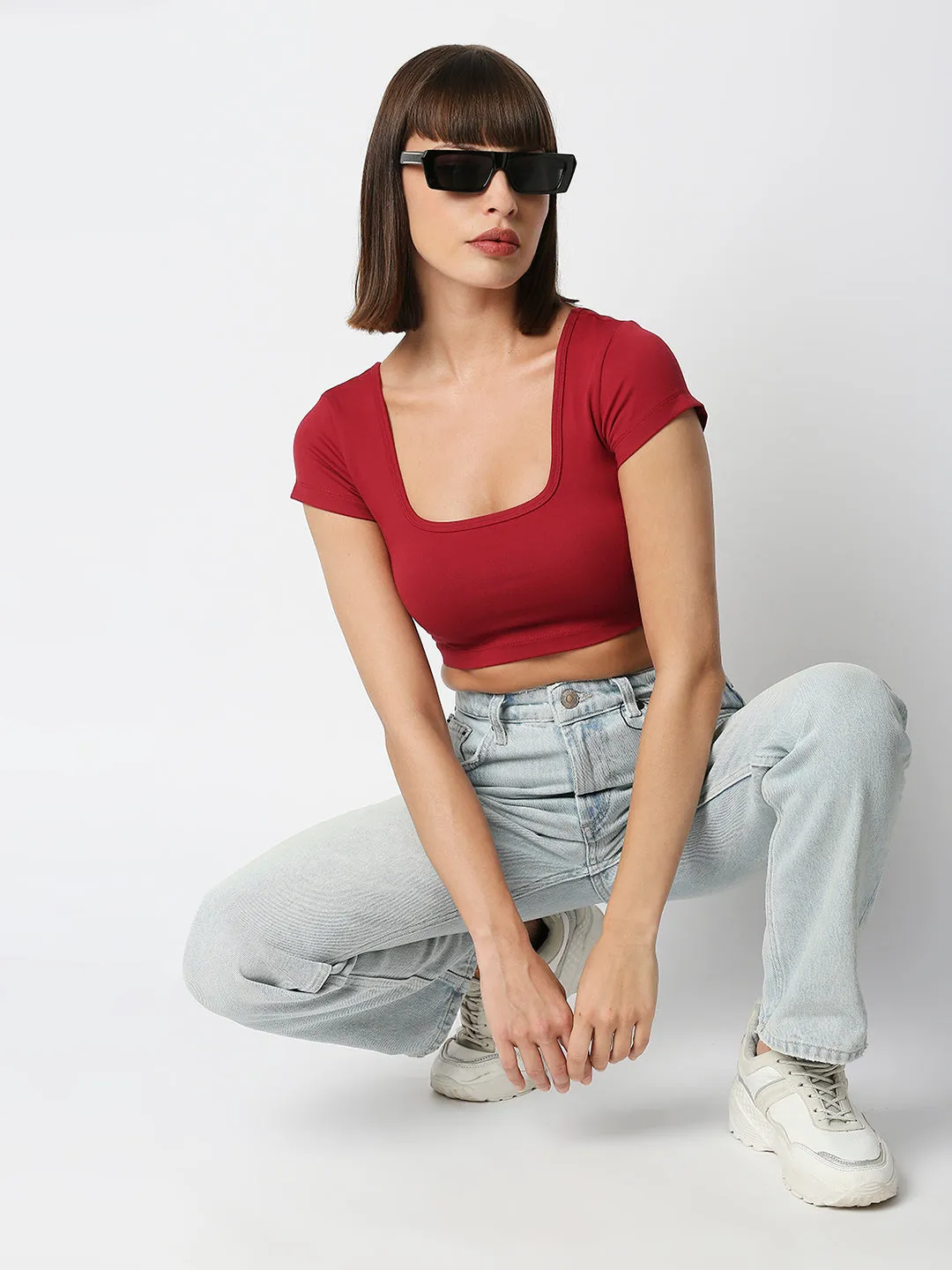 Disrupt Women Maroon Box Neck Slim Fit Smart Crop Top