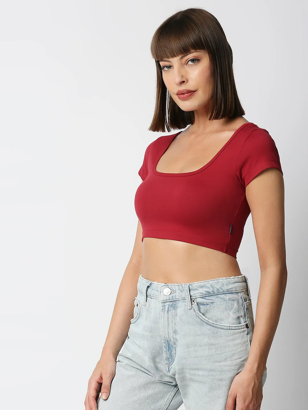 Disrupt Women Maroon Box Neck Slim Fit Smart Crop Top