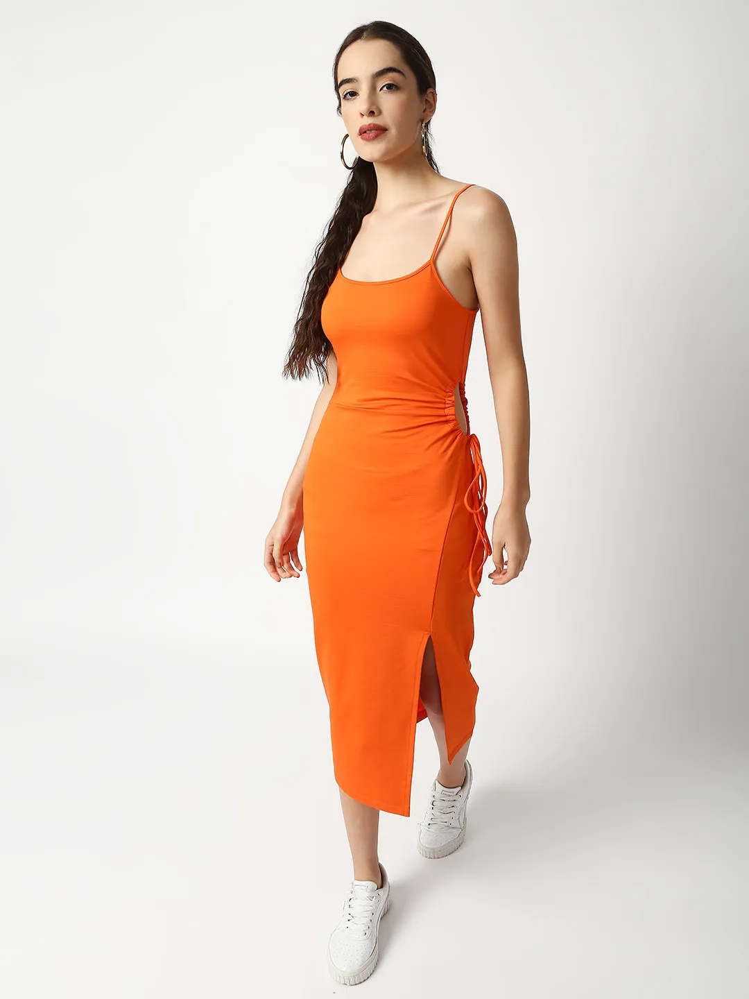 Disrupt Women Orange Side Tie-up Detail Strappy Midi Dress