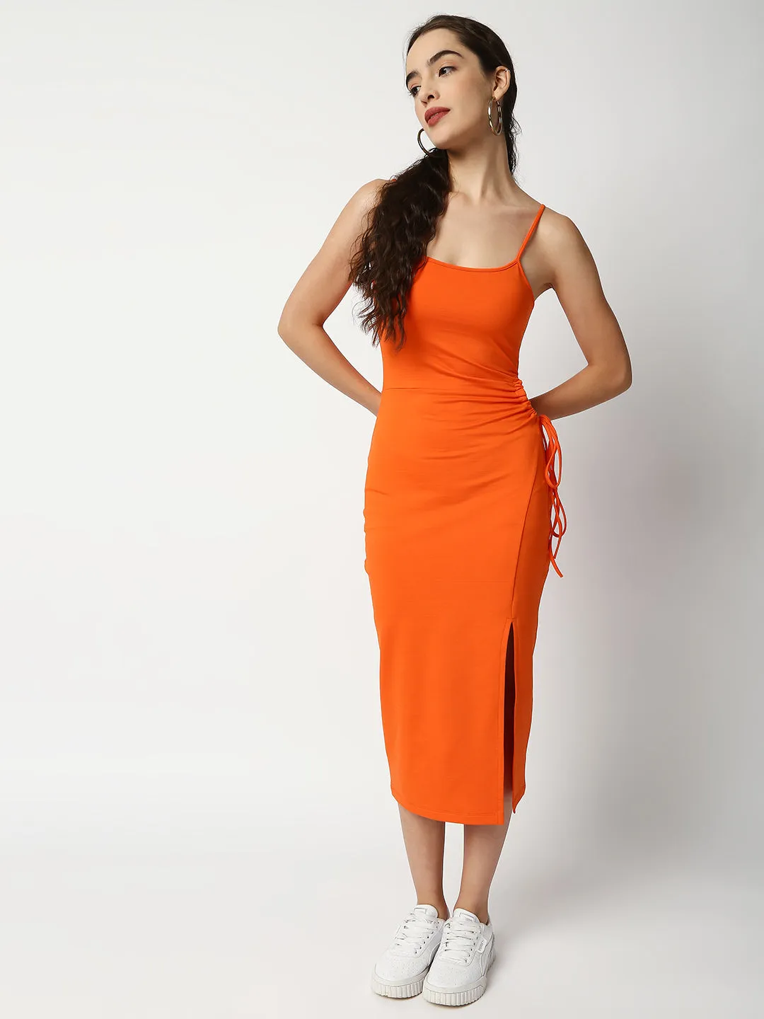 Disrupt Women Orange Side Tie-up Detail Strappy Midi Dress