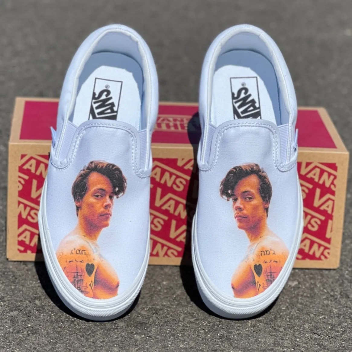 Harry Styles Custom Sneakers - White Slip On Vans