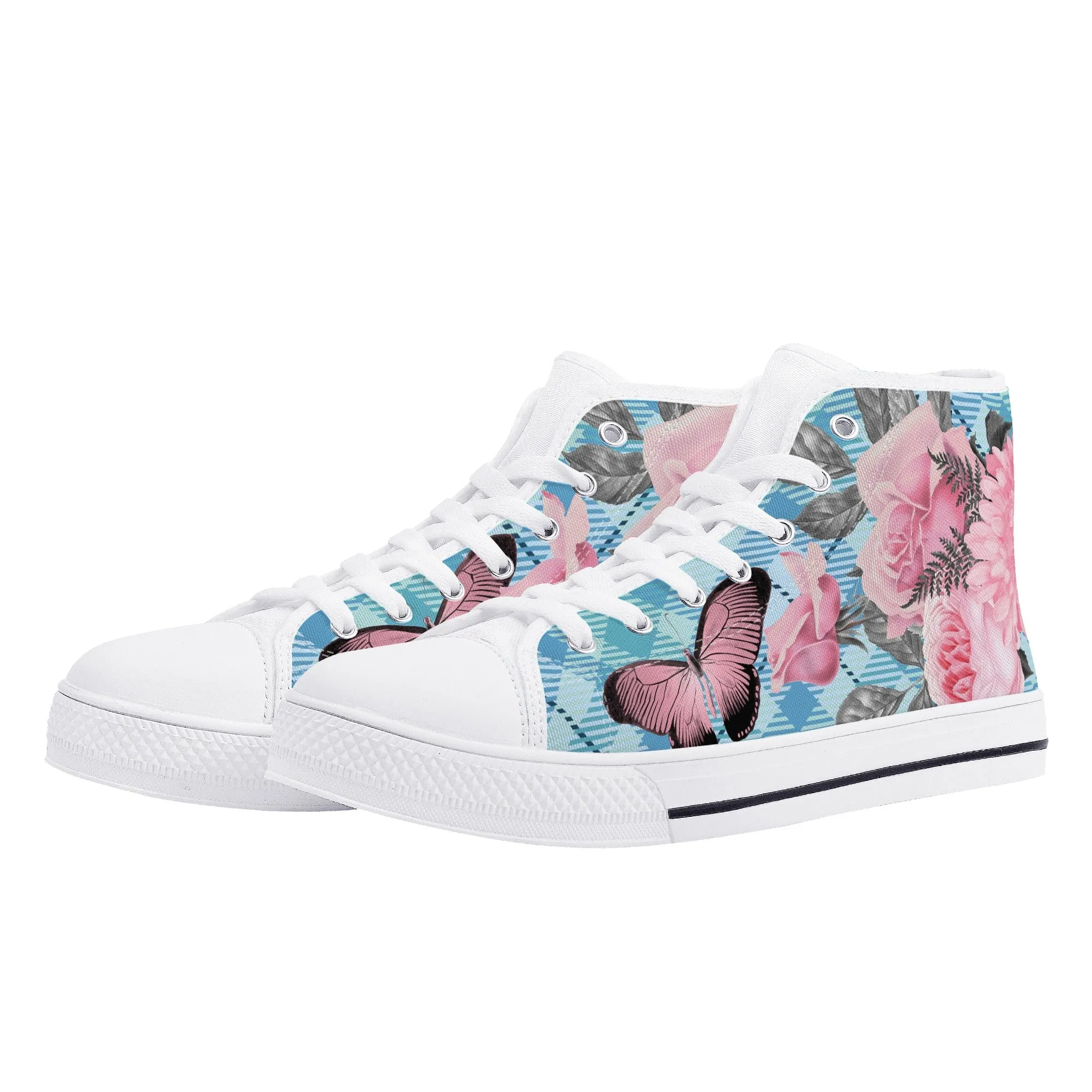 High Tops Sneakers | Middle & High school Students | Unique Aesthetic Pink Flowers on Blue Checks.