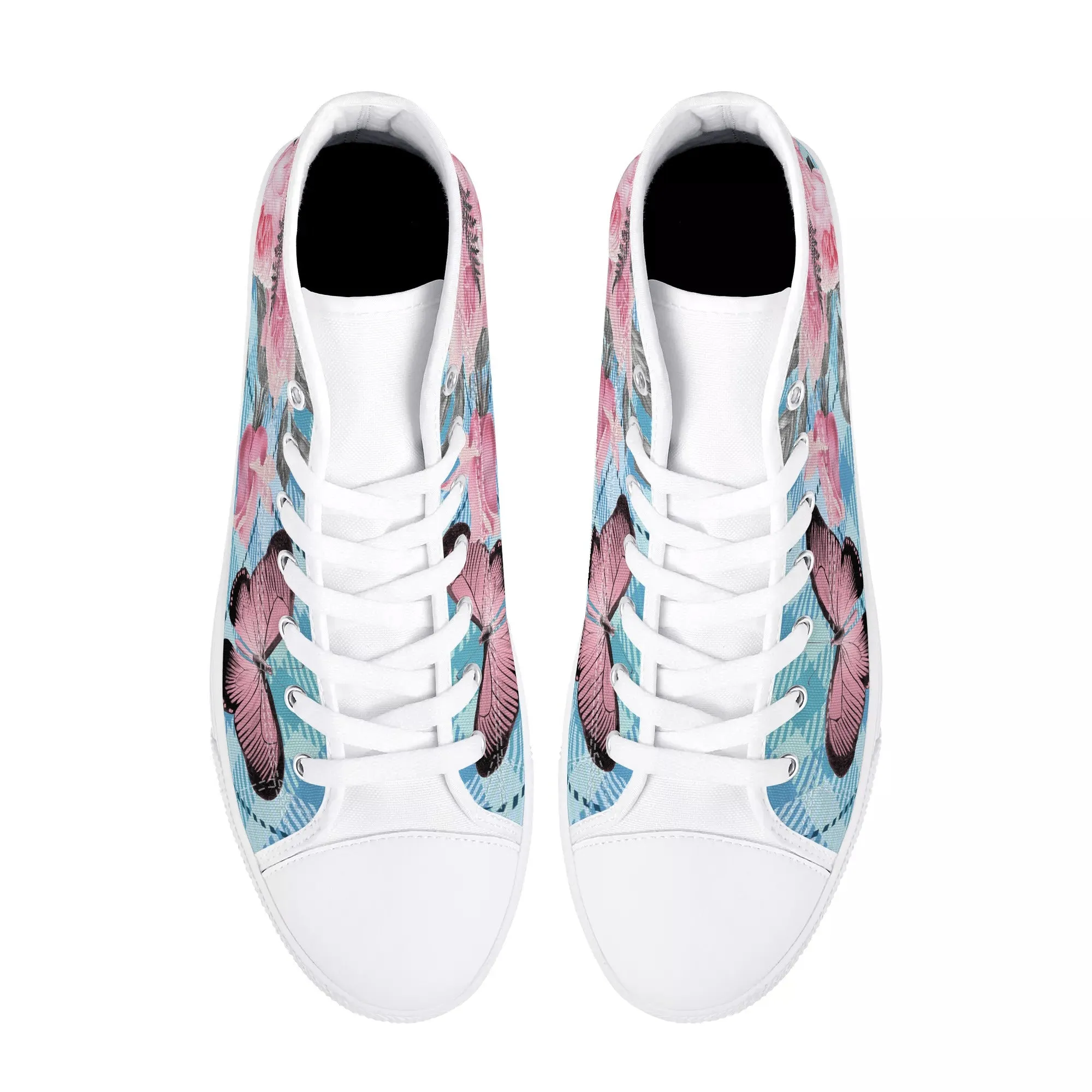 High Tops Sneakers | Middle & High school Students | Unique Aesthetic Pink Flowers on Blue Checks.