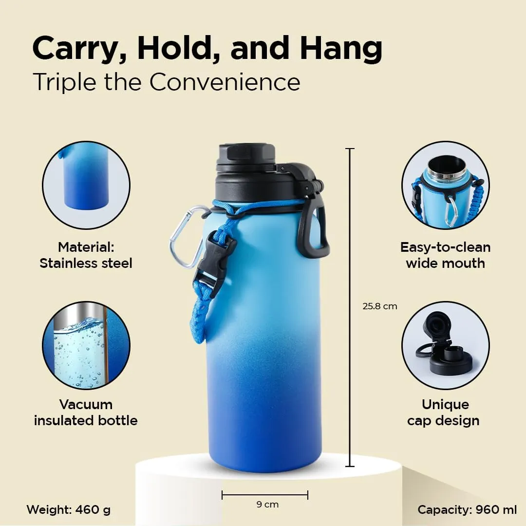 Kuber Industries Water Bottle | Steel Water Bottle for Daily Use | Vacuum Insulated Flask Water Bottle with Rope | Hot & Cold Water Bottle | 960 ML | LX-230609 | Pack of 5 | Aqua Blue
