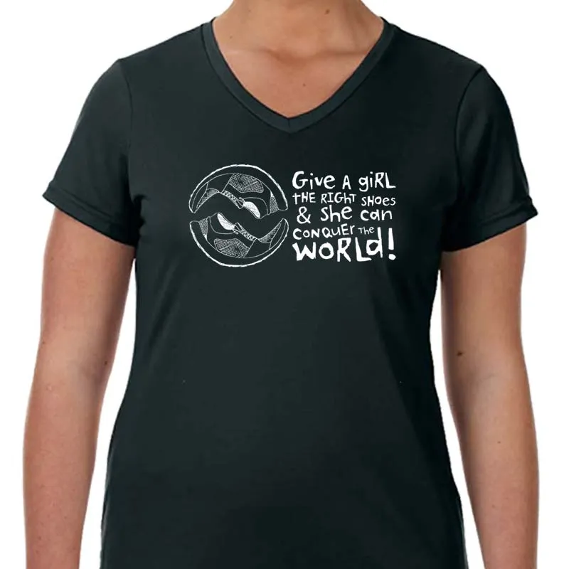 Ladies Sports Tech Short Sleeve V - "Give A Girl The Right Shoes And She Can Conquer The World"