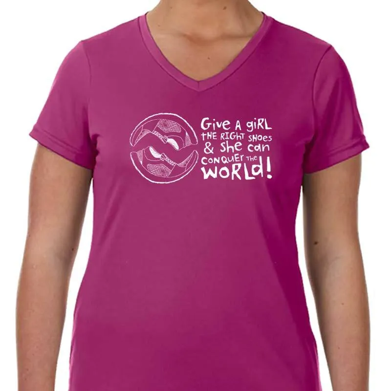 Ladies Sports Tech Short Sleeve V - "Give A Girl The Right Shoes And She Can Conquer The World"