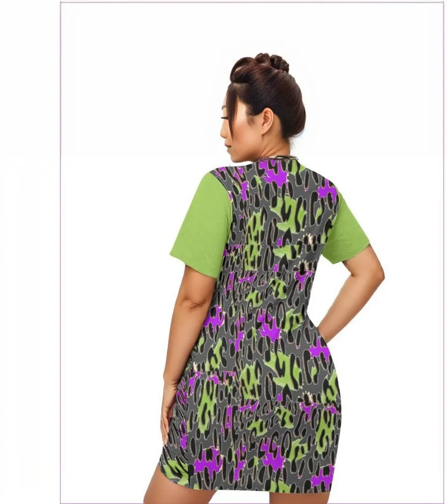 Leopard Splash Grundge Lime Women’s Stacked Hem Dress Voluptuous ( ) Plus Size