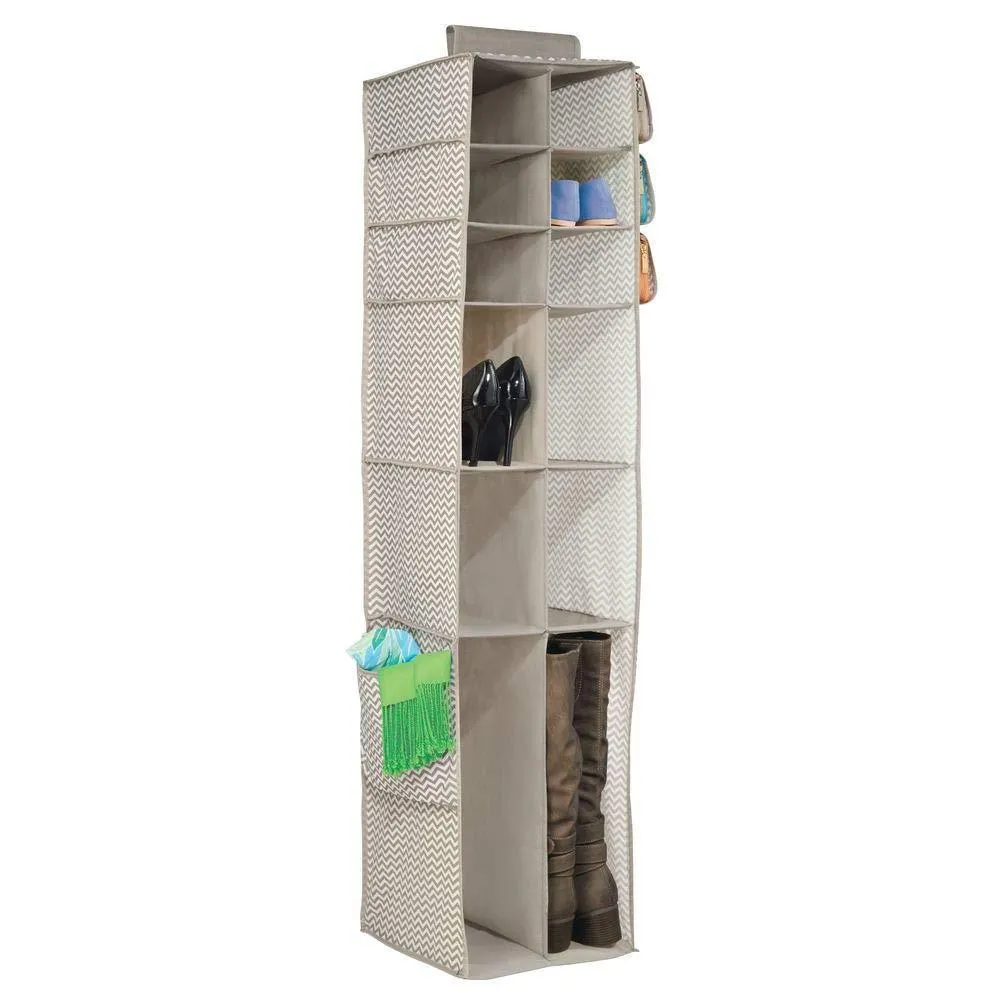 mDesign Soft Fabric Over Rod Hanging Closet Organizer - Holds Shoes, Boots Handbags, Clutches, Accessories - 16 Section Storage Unit - Chevron Zig Zag Print - Taupe/Natural