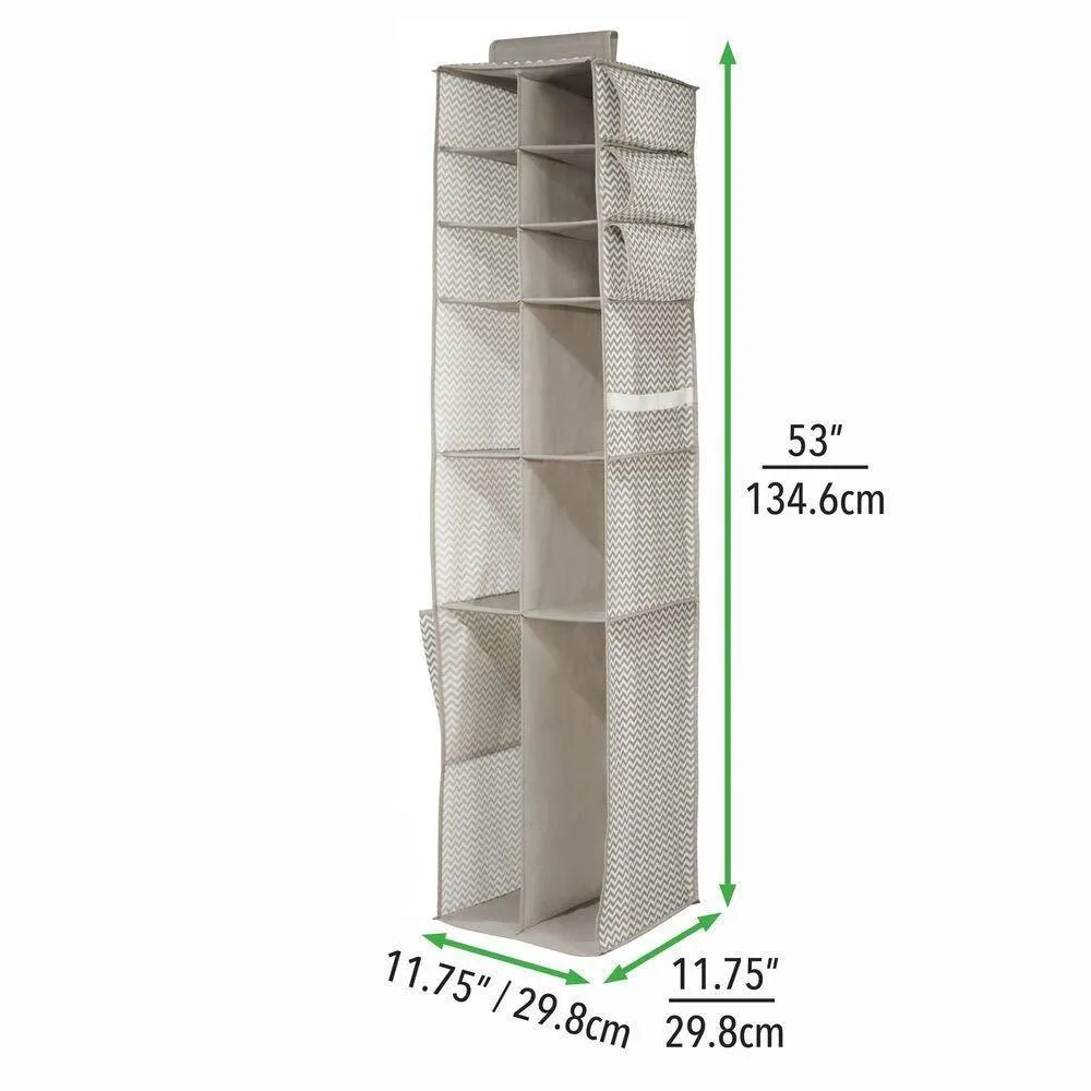 mDesign Soft Fabric Over Rod Hanging Closet Organizer - Holds Shoes, Boots Handbags, Clutches, Accessories - 16 Section Storage Unit - Chevron Zig Zag Print - Taupe/Natural