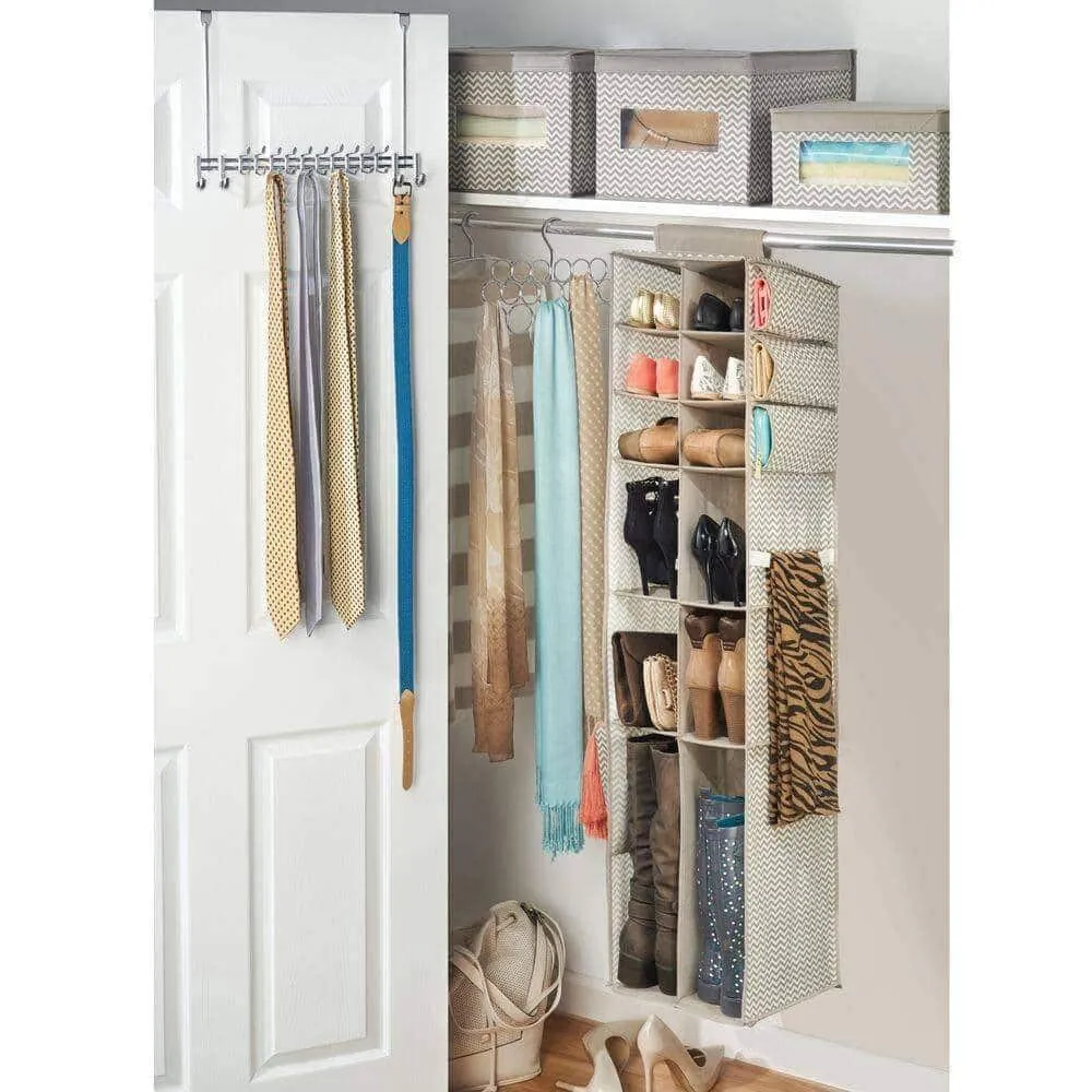 mDesign Soft Fabric Over Rod Hanging Closet Organizer - Holds Shoes, Boots Handbags, Clutches, Accessories - 16 Section Storage Unit - Chevron Zig Zag Print - Taupe/Natural