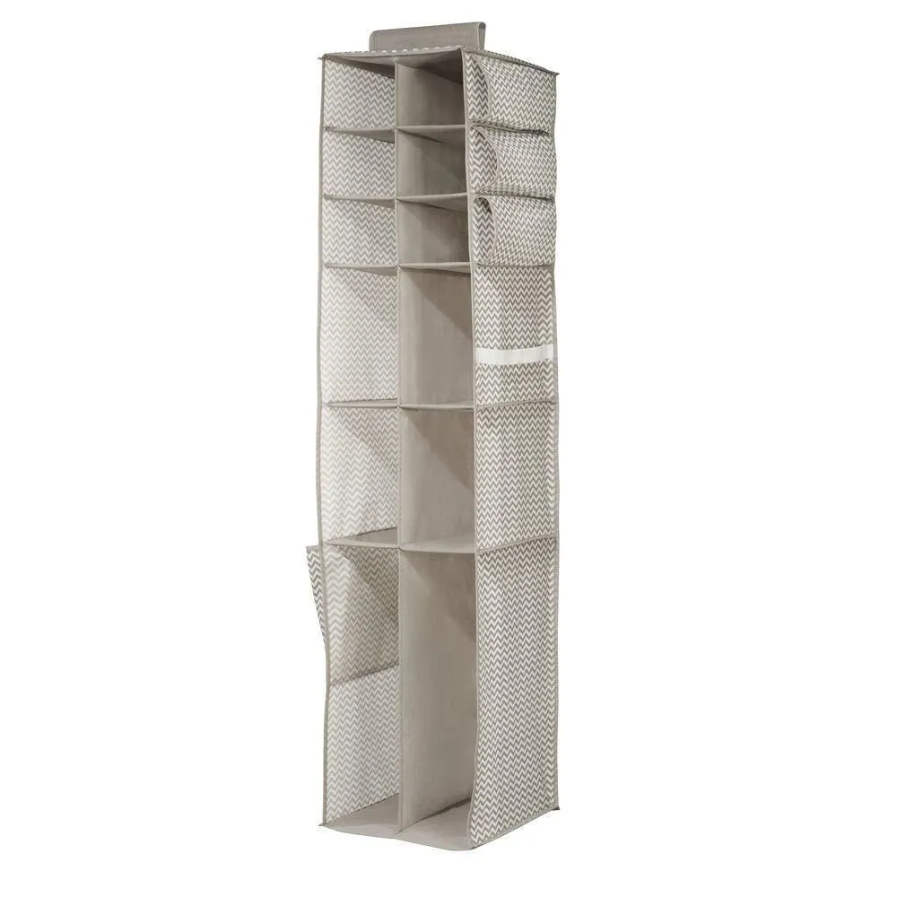 mDesign Soft Fabric Over Rod Hanging Closet Organizer - Holds Shoes, Boots Handbags, Clutches, Accessories - 16 Section Storage Unit - Chevron Zig Zag Print - Taupe/Natural