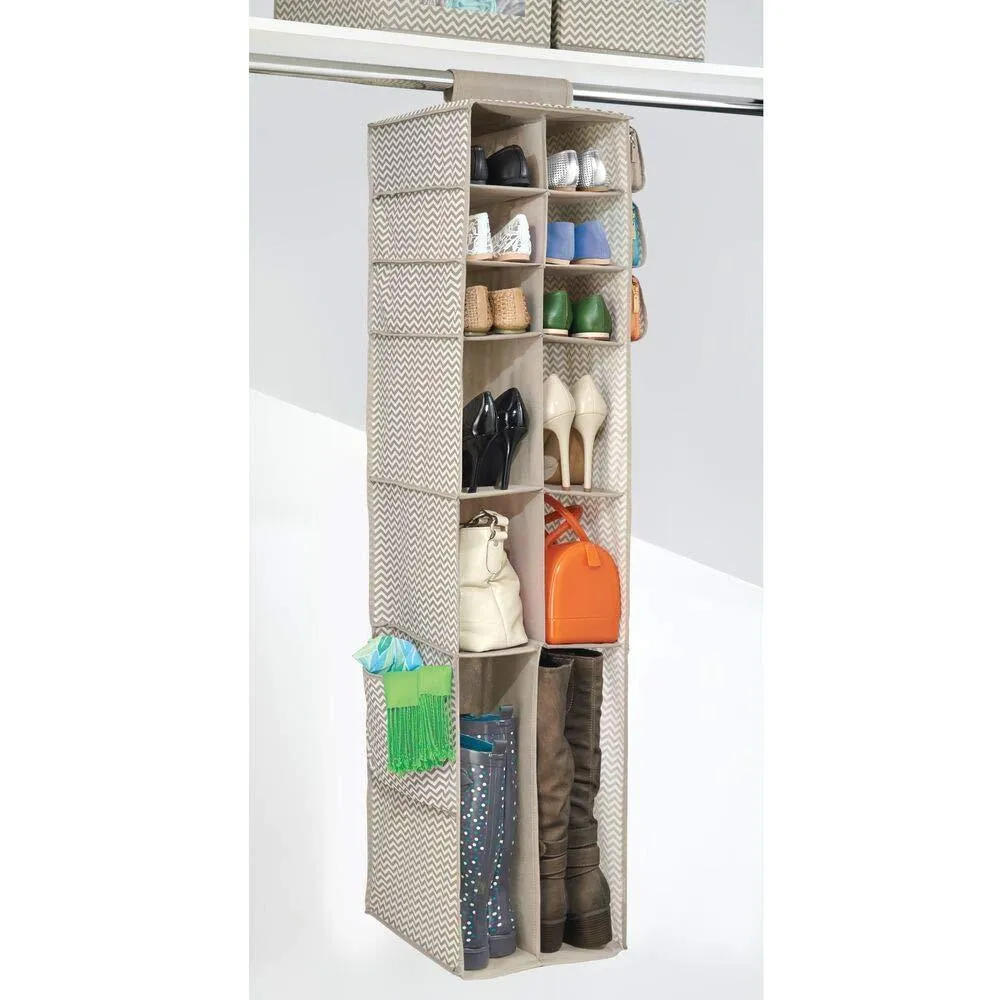 mDesign Soft Fabric Over Rod Hanging Closet Organizer - Holds Shoes, Boots Handbags, Clutches, Accessories - 16 Section Storage Unit - Chevron Zig Zag Print - Taupe/Natural