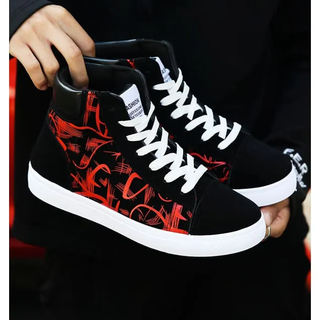 Men Lace-Up Graphic Print High Top Sports Skate Shoes