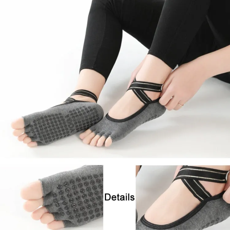 Non-slip Backless Cross Strap Five-finger Yoga Socks(Half Fingers Red)