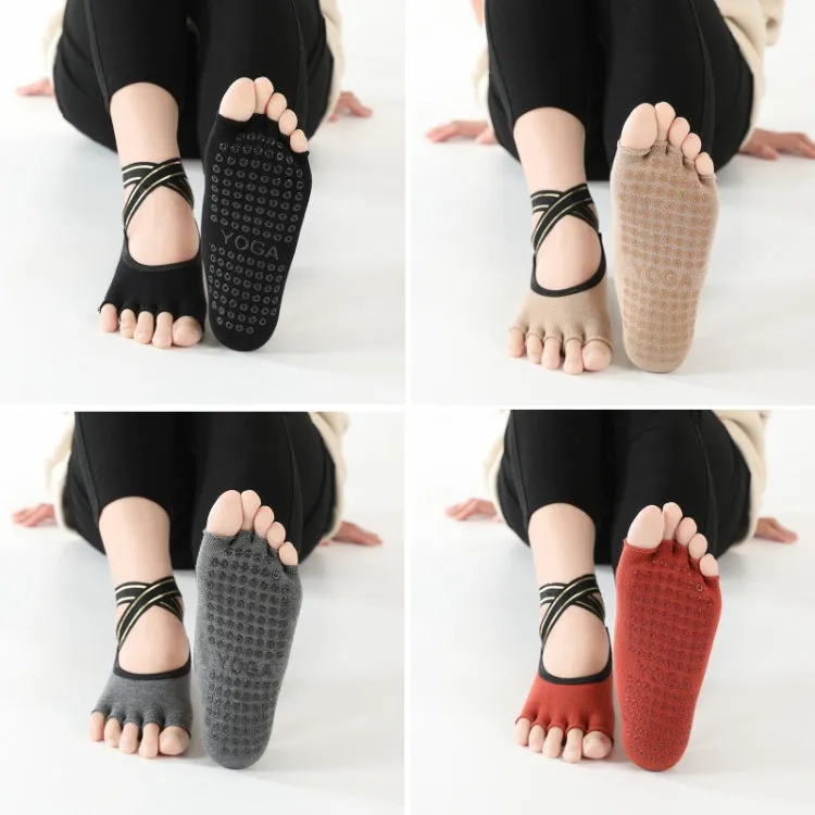 Non-slip Backless Cross Strap Five-finger Yoga Socks(Half Fingers Red)