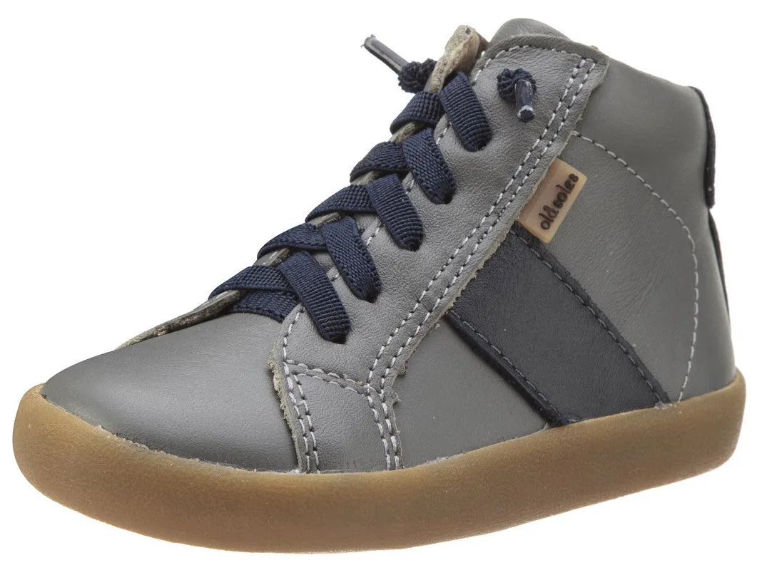 Old Soles Boy's and Girl's Riser Grey Navy Leather Racer Stripe Lace Side Zipper Slip On High Top Sneaker