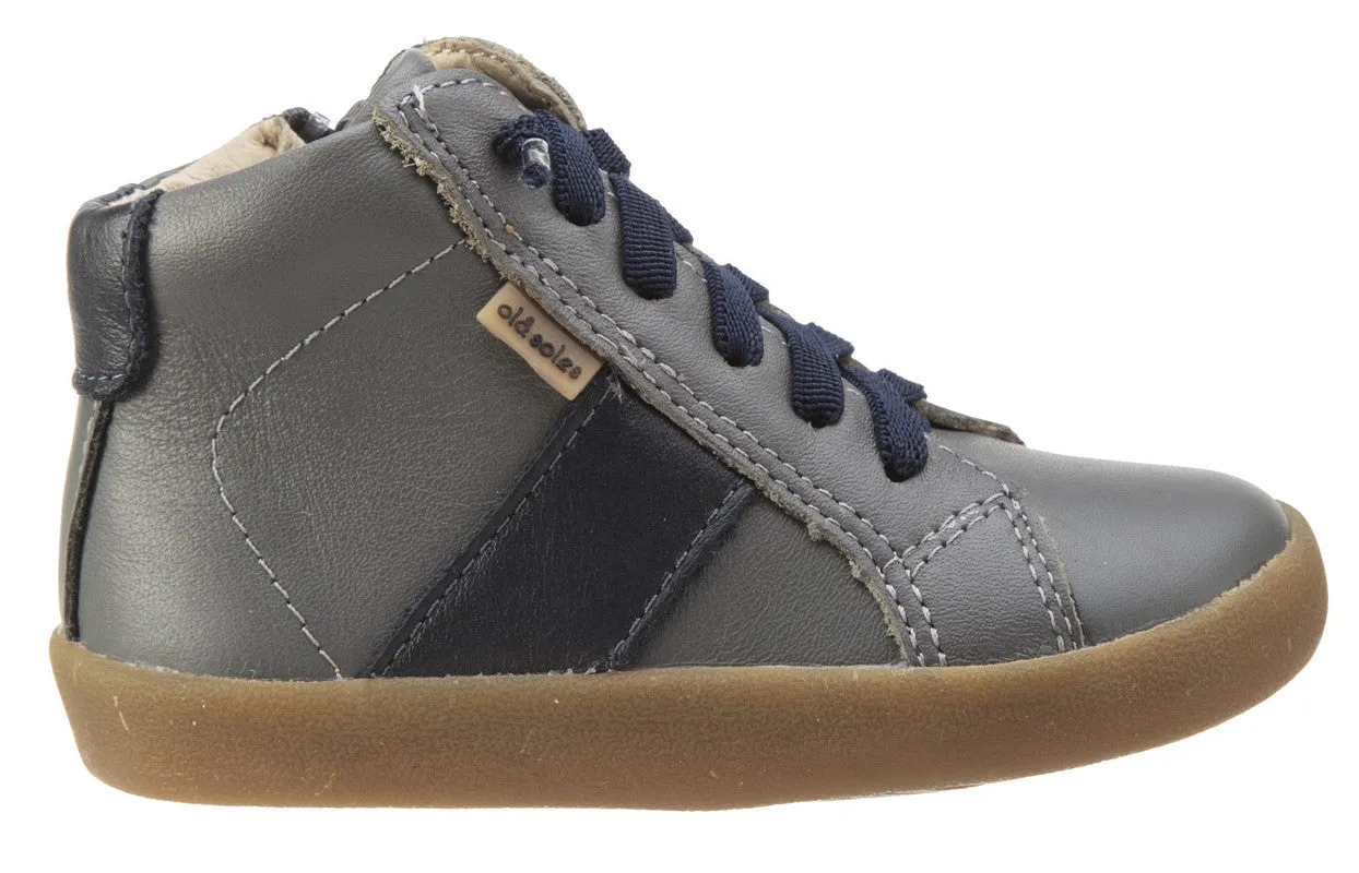 Old Soles Boy's and Girl's Riser Grey Navy Leather Racer Stripe Lace Side Zipper Slip On High Top Sneaker