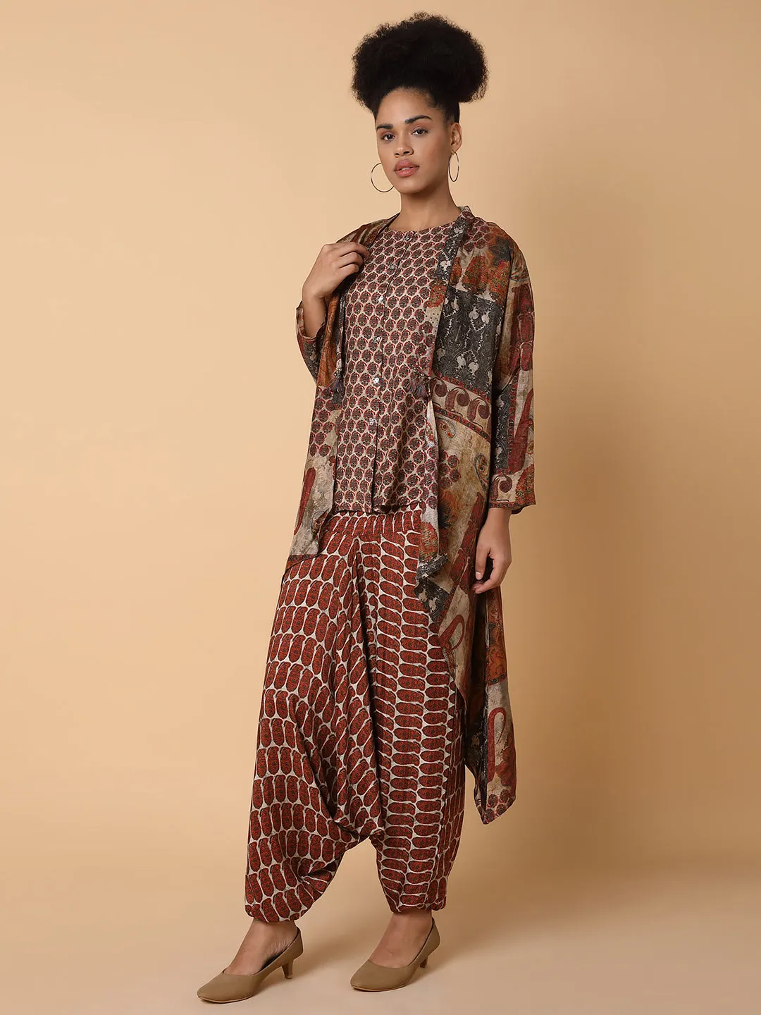 Women Printed Round Neck Brown Co-Ord Set