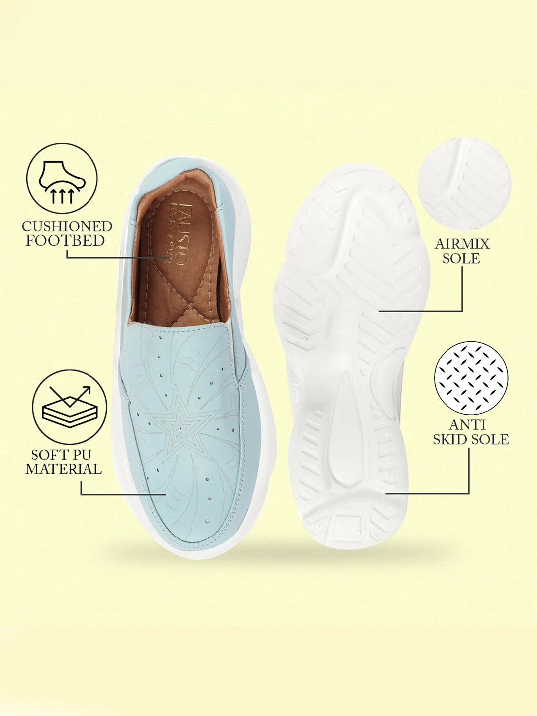 Women Sky Blue Printed Design Stitched Comfort Slip On Sneaker Shoes
