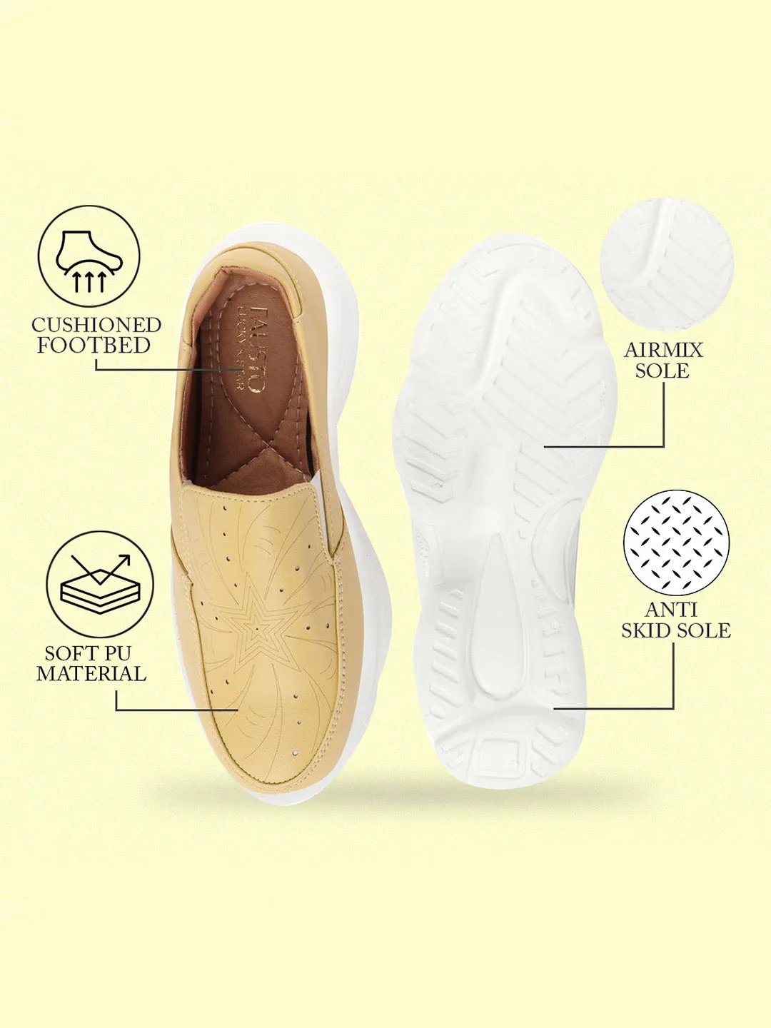 Women Yellow Printed Design Stitched Comfort Slip On Sneaker Shoes
