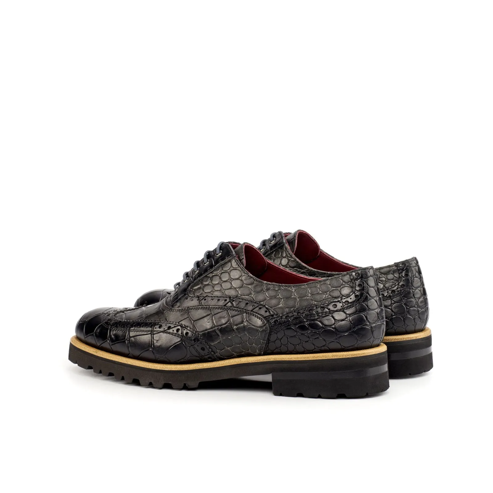 Women's Full Brogue Leather Shoes Black Grey 4477