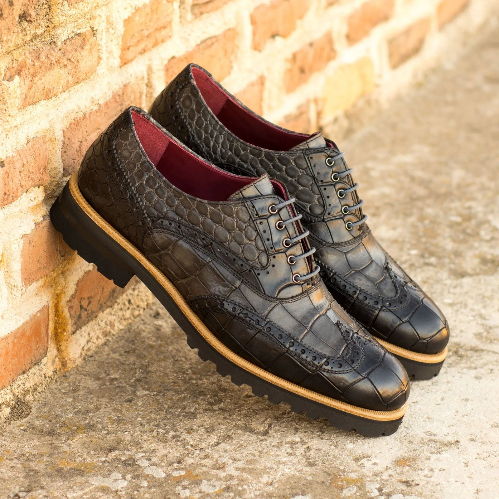 Women's Full Brogue Leather Shoes Black Grey 4477