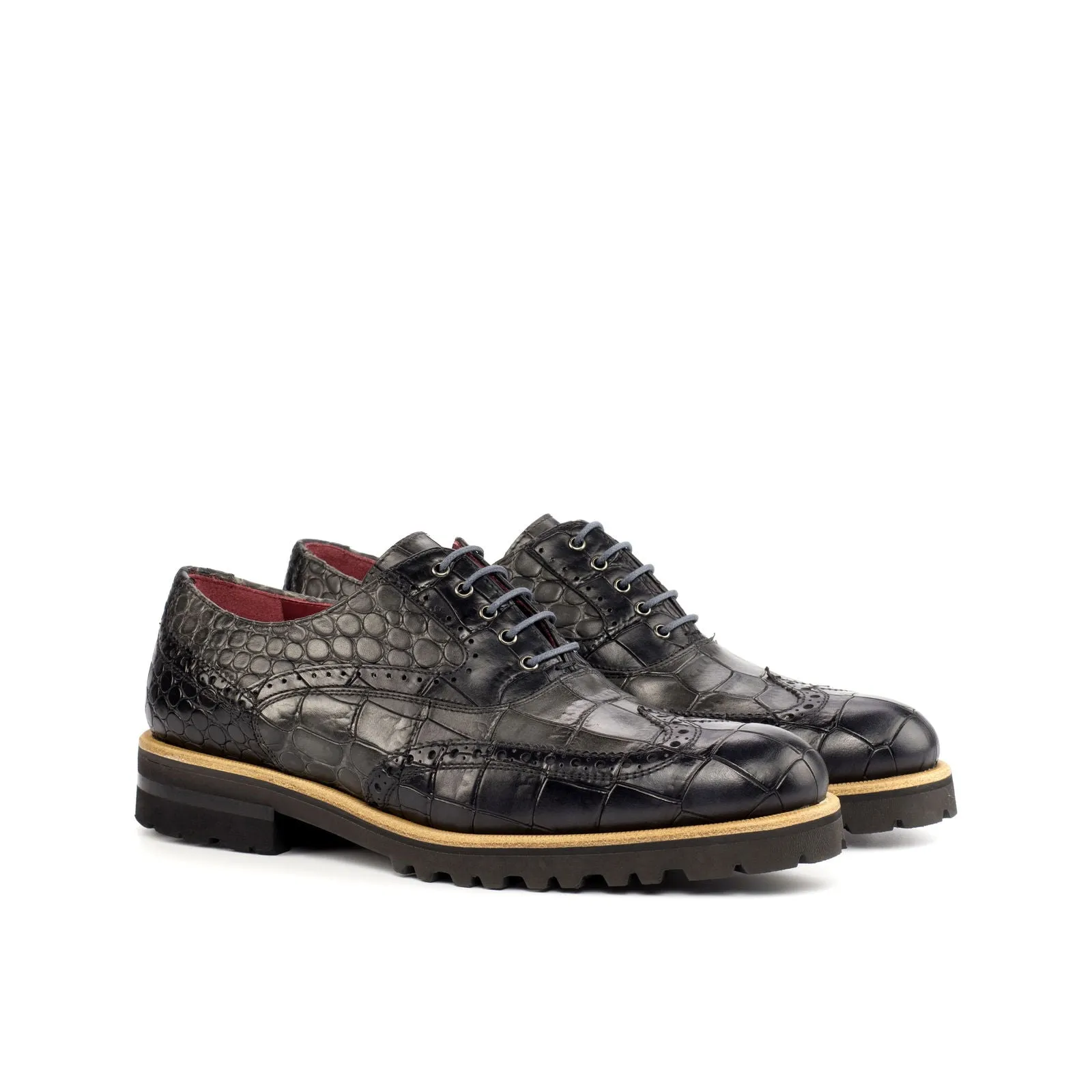 Women's Full Brogue Leather Shoes Black Grey 4477
