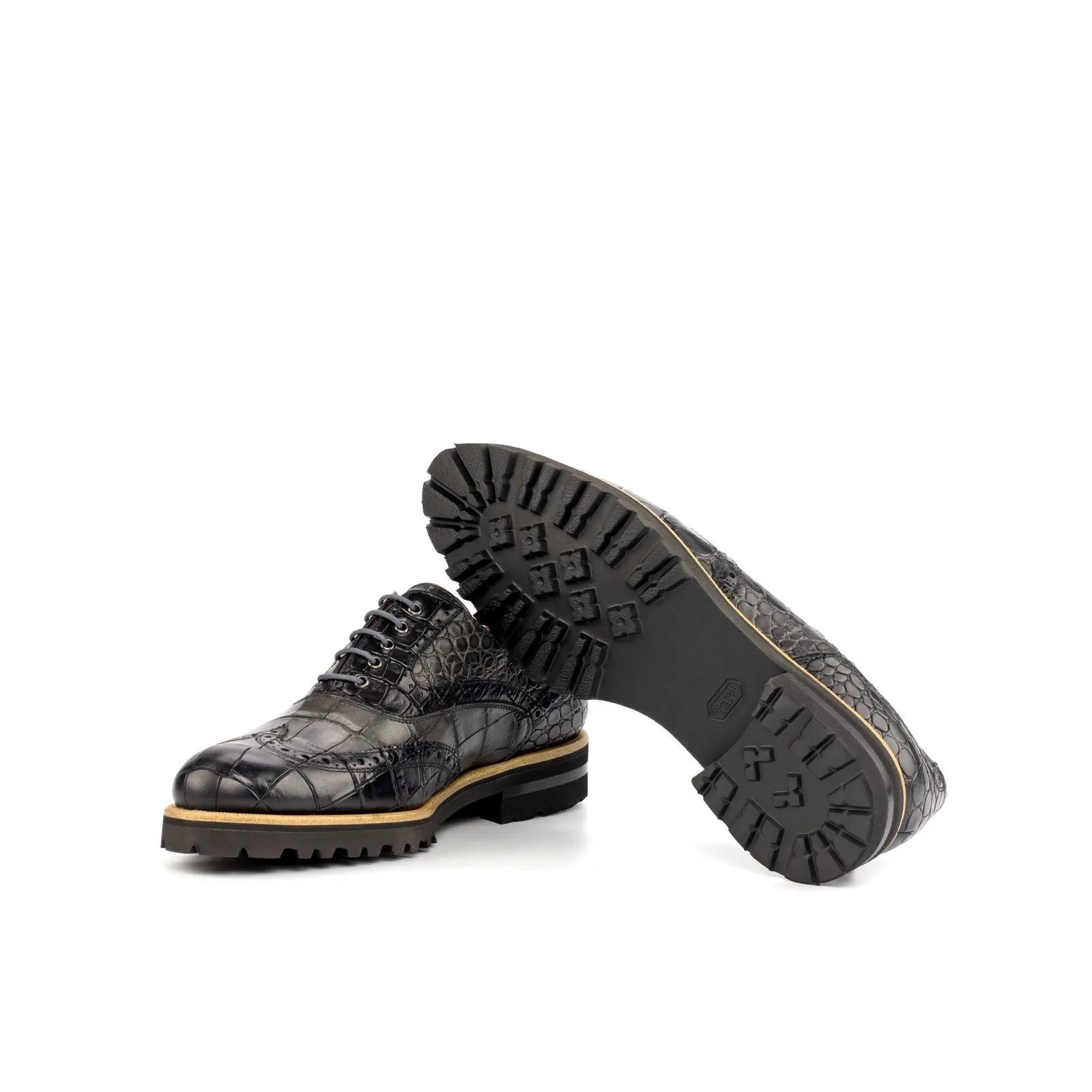 Women's Full Brogue Leather Shoes Black Grey 4477